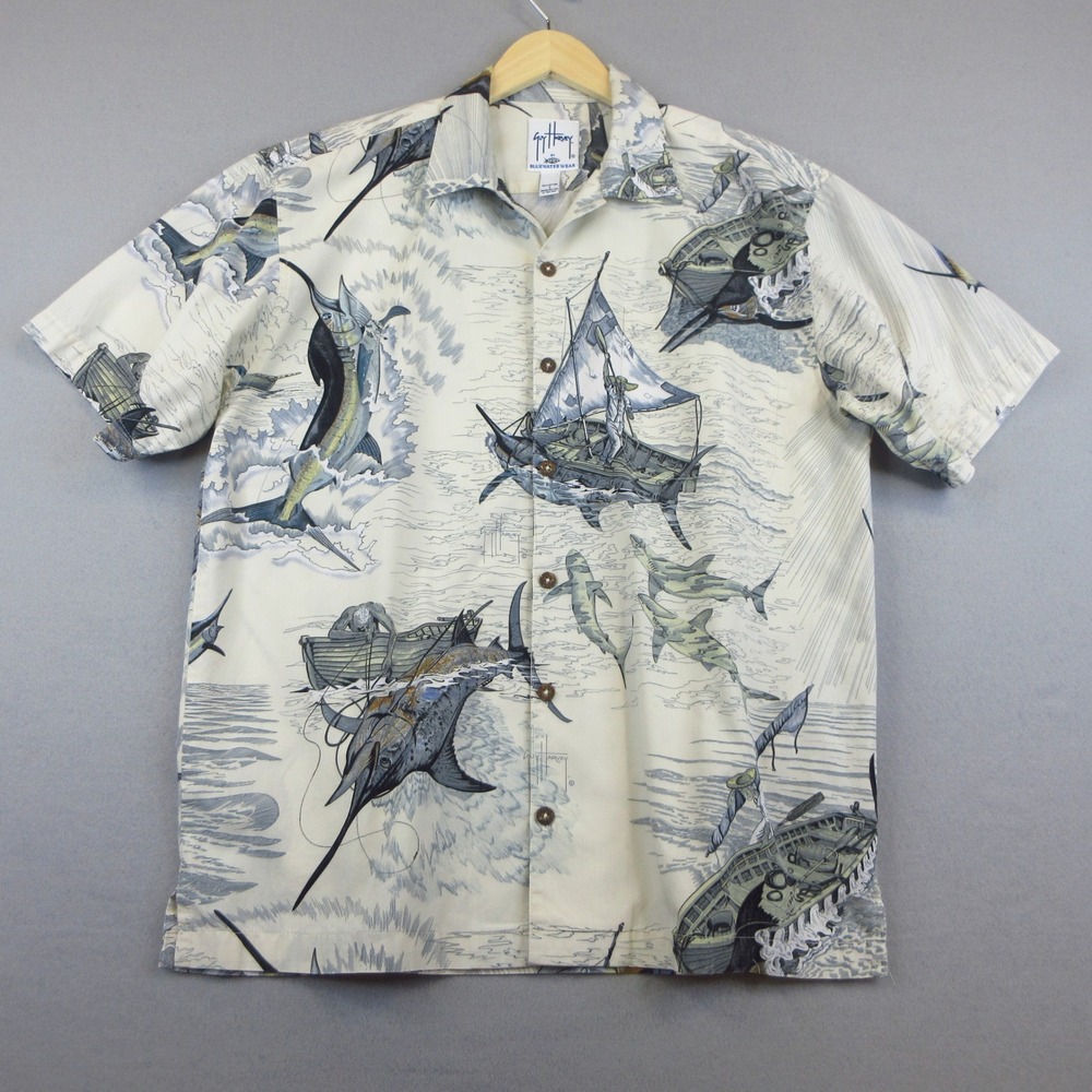 Guy Harvey Shirt Mens L Cream Blue Old Man and the Sea Marlin Fishing Cotton